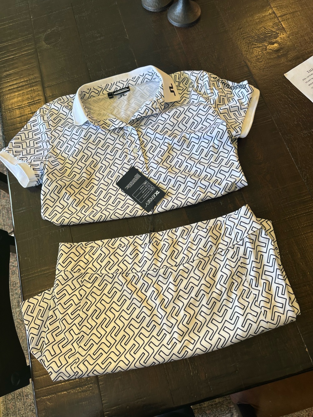 J.Lindeberg White Mini Skirt and Polo Set with Navy Blue Geometric Print